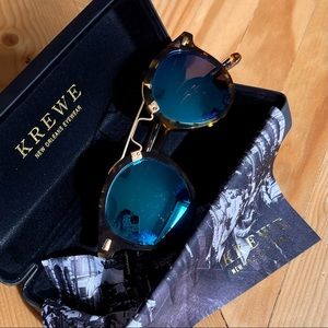 KREWE DU OPTIC St. Louis Round Sunglasses Bengal Blue/ Brown Tortoise/24k Gold
